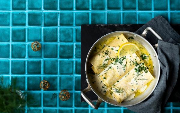 Cannellonis aux noix de Saint-Jacques, cabillaud et potimarron, sauce crémeuse au citron