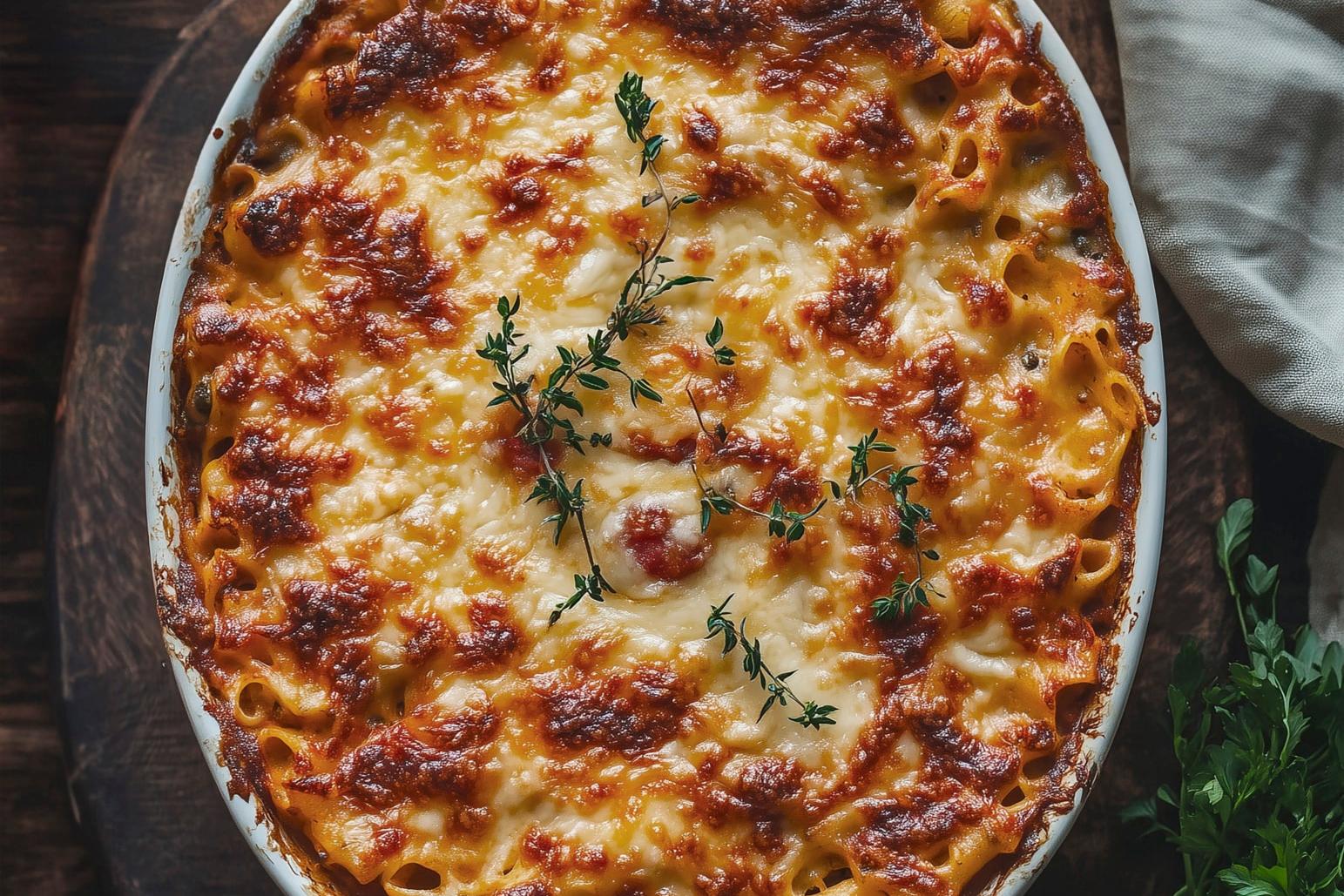 Gratin de macaronis au chorizo et fromage gratiné