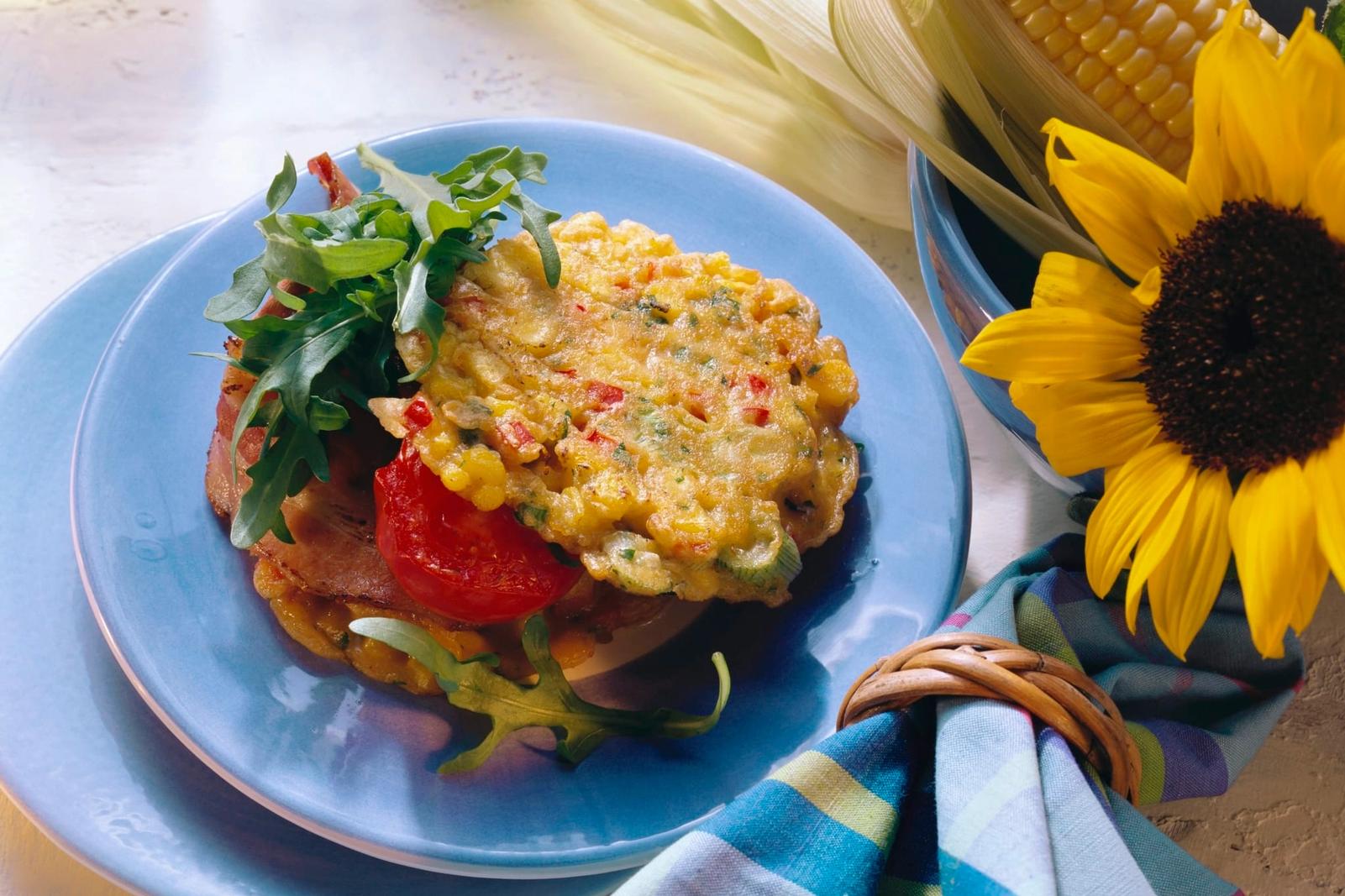 Beignets de maïs farcis au jambon, à la tomate et à la roquette