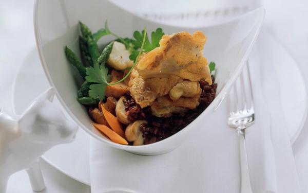 Champignons pleurotes panés sur riz rouge aux légumes