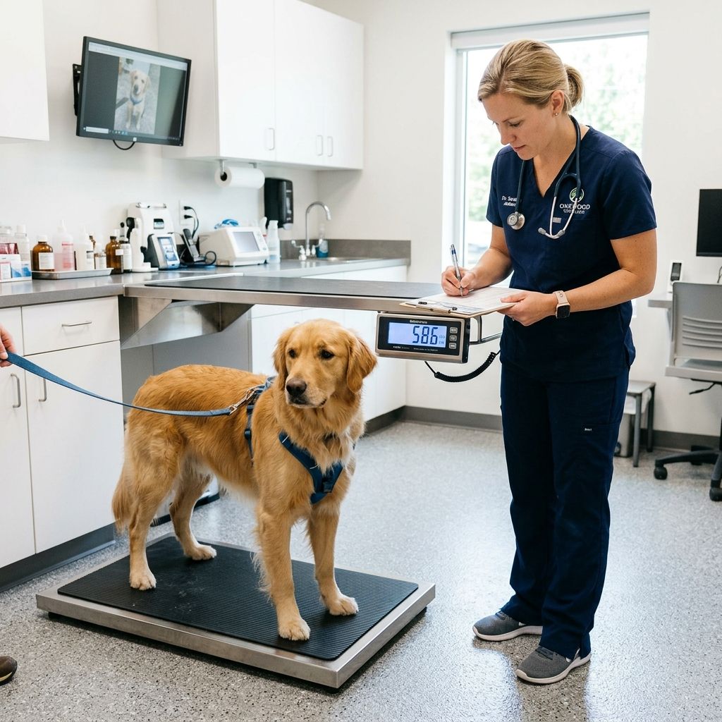 Weighing a dog in kilograms on a digital scale at a vet clinic