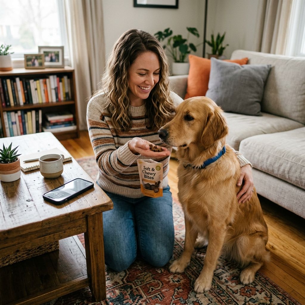 Owner rewarding calm dog with high-value treats while doorbell plays