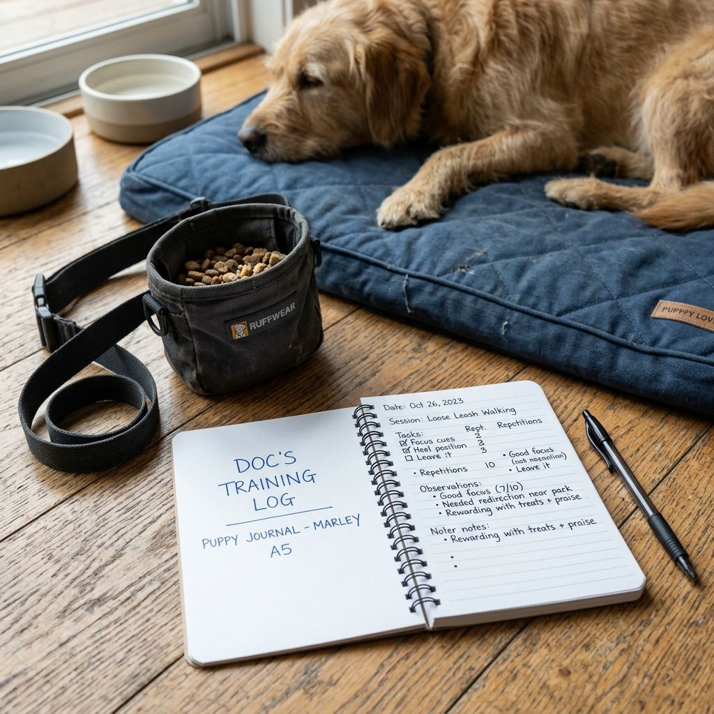 Training log and treat pouch beside a dog mat in a kitchen