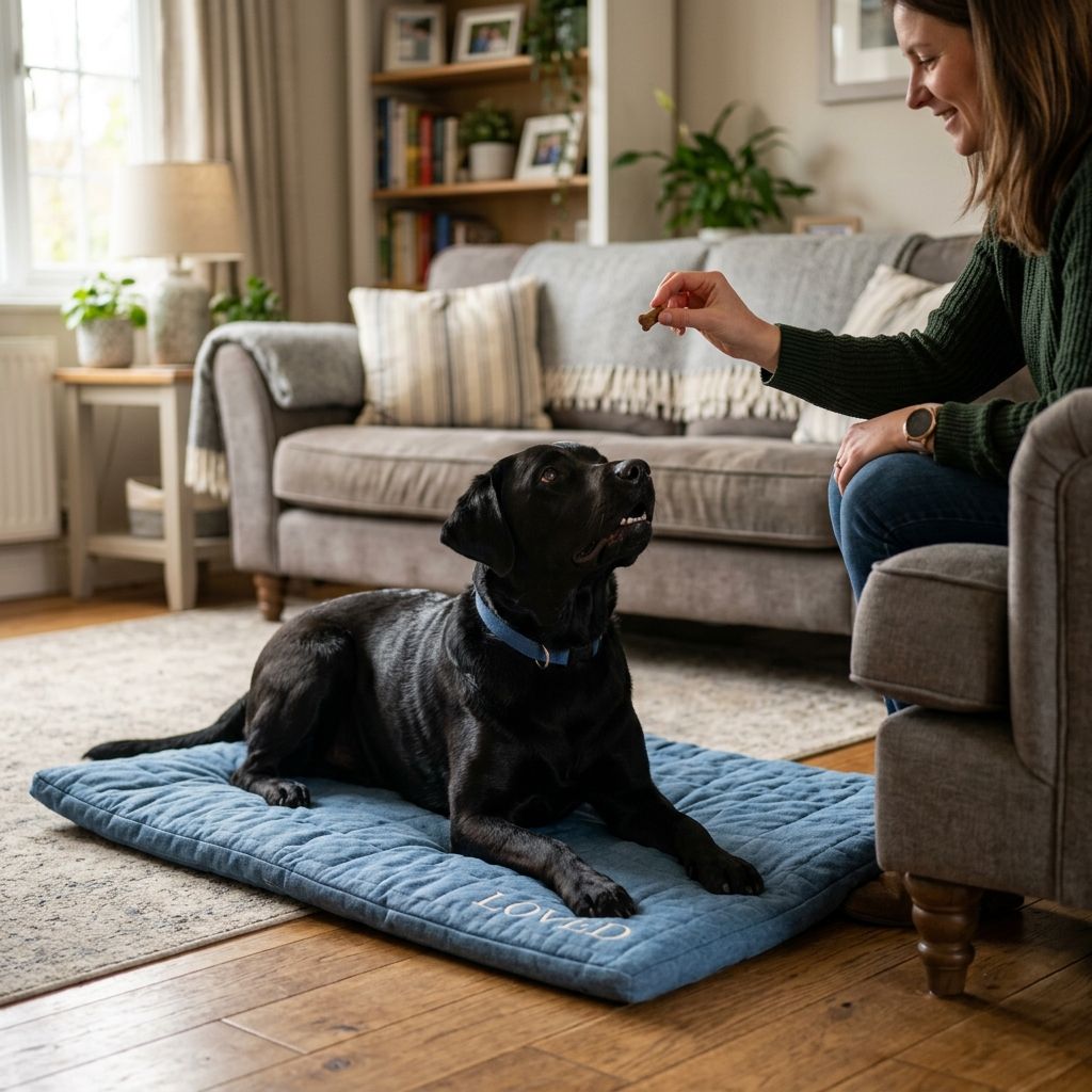 Black lab lying calmly on a blue mat looking up at owner with a treat