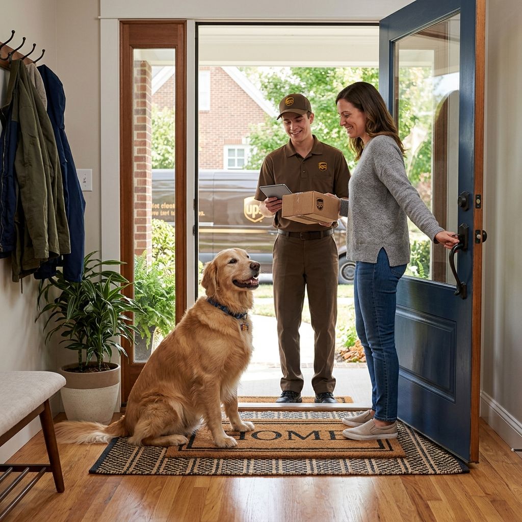 Owner opening front door to delivery person while dog sits calmly on a mat