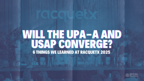 A conference stage under the RacquetX banner, with the headline: will the UPA-A and USAP converge?