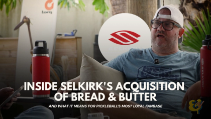 Title card over a seated man being interviewed, with the Selkirk logo: inside Selkirk's acquisition of Bread and Butter.
