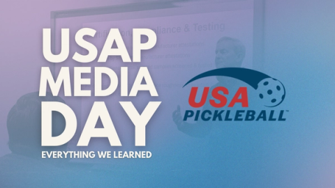 A speaker presenting beside a screen, with the USA Pickleball logo and the words USAP Media Day, everything we learned.