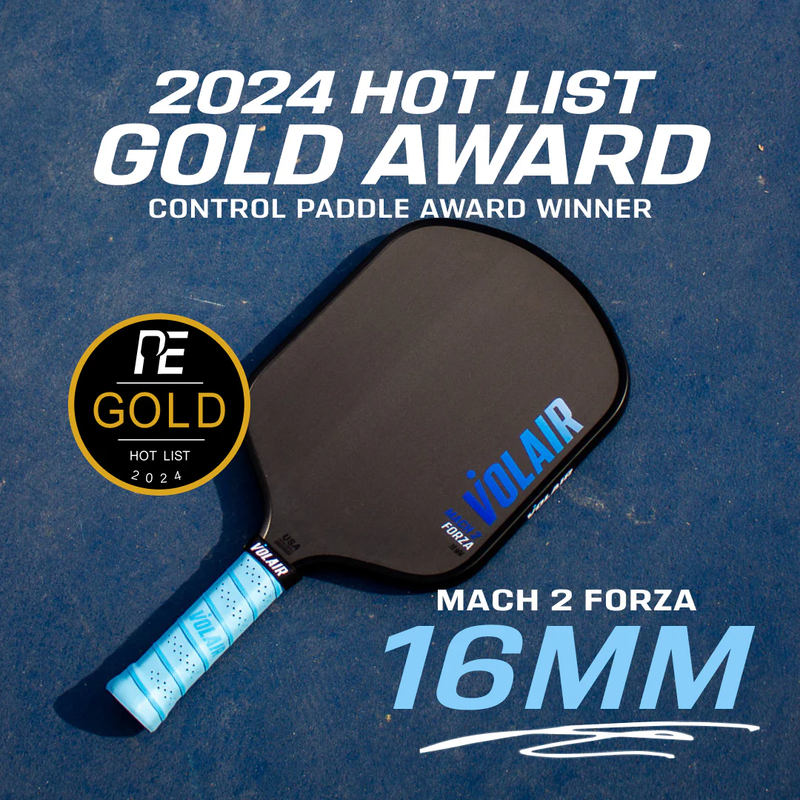 Volair Mach 2 Forza 16mm paddle on a blue court, captioned 2024 Hot List Gold Award, control paddle winner.