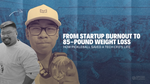 Title card over a portrait of a smiling man in a cap holding a medal: from startup burnout to 85-pound weight loss.