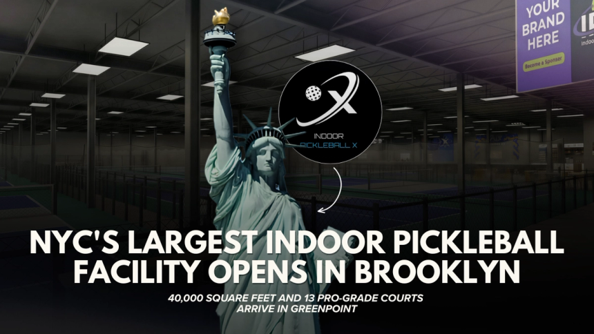 Title card over an empty indoor facility with a Statue of Liberty figure: NYC's largest indoor pickleball facility opens in Brooklyn.