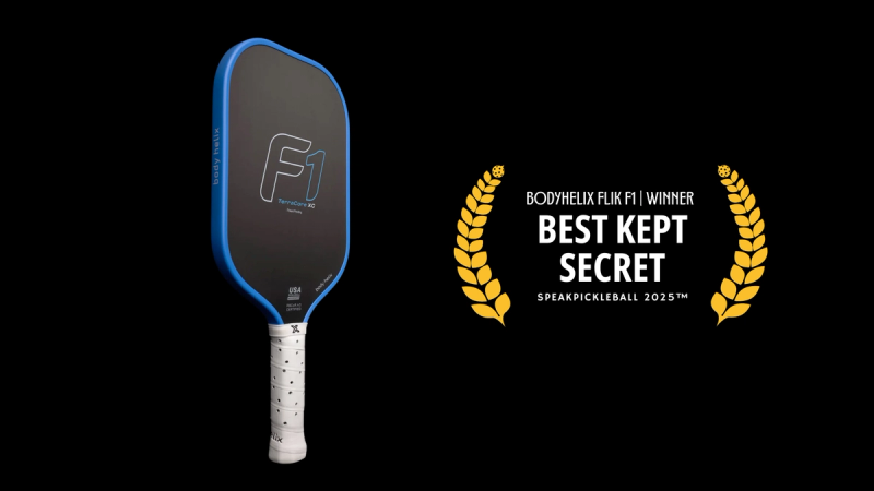 BodyHelix Flik F1 paddle with a blue edge beside a gold laurel badge reading Best Kept Secret.