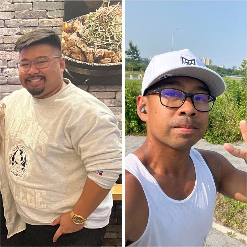 Before and after photos side by side: the same man heavier in a cream sweatshirt, then slimmer in a white vest and cap.