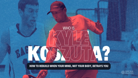 Title card over Kyle Koszuta in a red top: who is Kyle Koszuta, and how to rebuild when your mind betrays you.