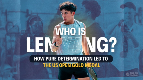 Title card over Len Yang celebrating mid-match: who is Len Yang, and how determination led to the US Open gold medal.
