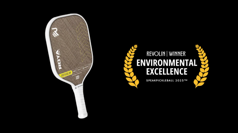 Revolin paddle with a pale woven face beside a gold laurel badge reading Environmental Excellence, Speak Pickleball 2025.