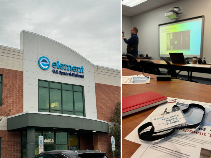 Three shots from USAP media day: the Element testing lab exterior, a presentation underway, and an attendee lanyard on a table.