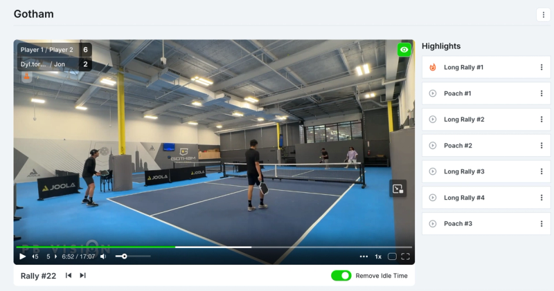PBVision highlights view: doubles match video beside a list of long rallies and poaches.