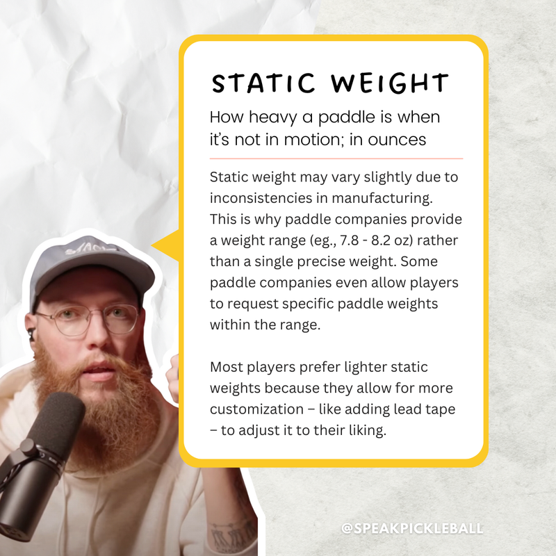 Static weight explainer card: how heavy a paddle is at rest, noting makers quote a range rather than a single figure.