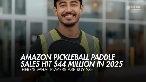 Title card over a smiling player holding a paddle: Amazon pickleball paddle sales hit $44 million in 2025.