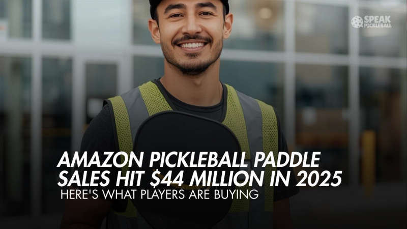 Title card over a smiling player holding a paddle: Amazon pickleball paddle sales hit $44 million in 2025.