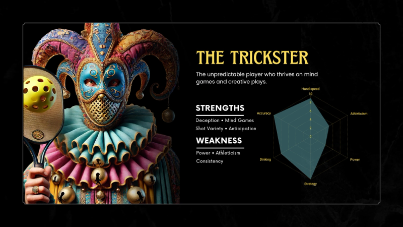 The Trickster archetype card: an ornate jester, strong on deception and shot variety, weak on power, with a radar chart.