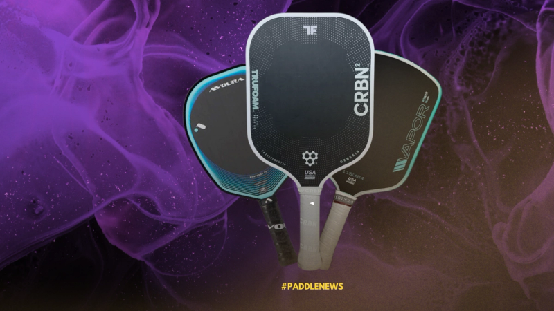 Three paddles from CRBN, Vatic Pro and Volair fanned against a purple and orange smoke background, captioned paddle news.