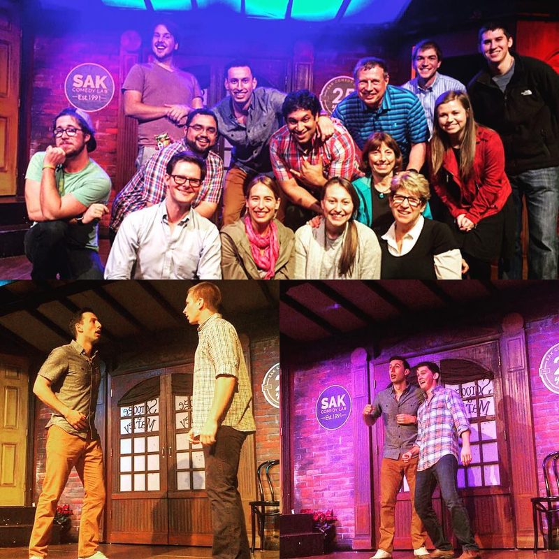 Three photos from SAK Comedy Lab: a group posing on stage, and two improv scenes in progress.