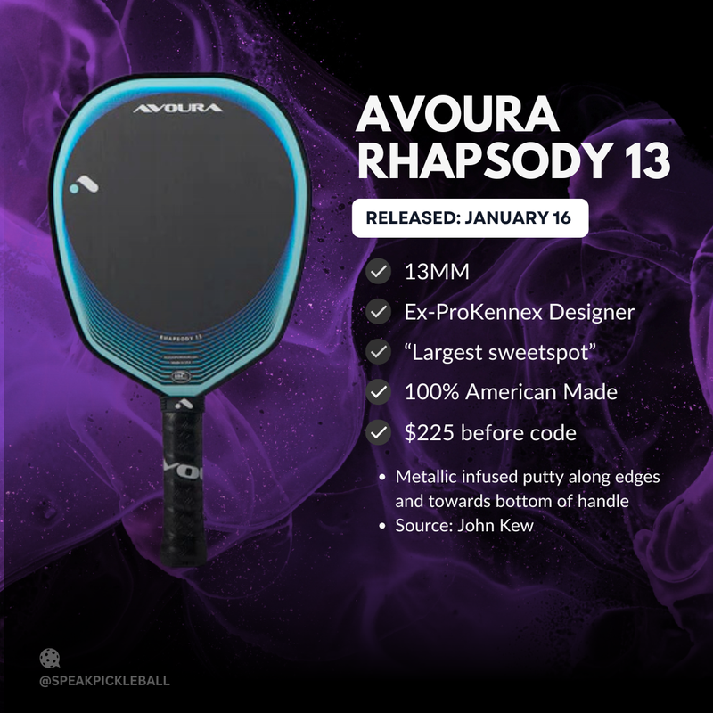 Avoura Rhapsody 13 release graphic, a teal paddle, listing 13mm thickness, an ex-ProKennex designer and a $225 price.