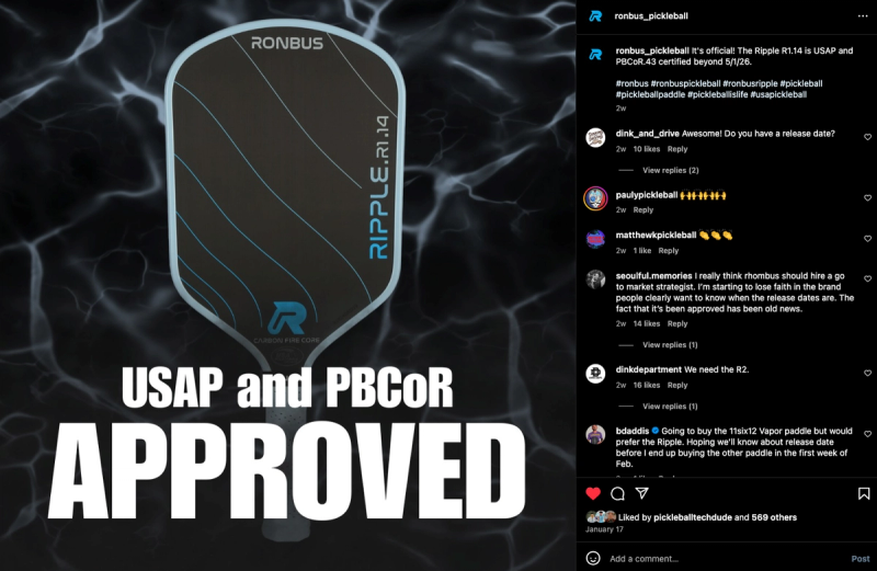 Ronbus Ripple R1.16 paddle over an Instagram post announcing USAP and PBCoR approval, stamped approved.