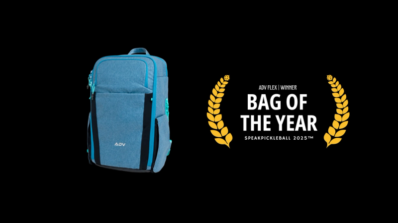 Blue ADV Flex backpack beside a gold laurel badge reading Bag of the Year.