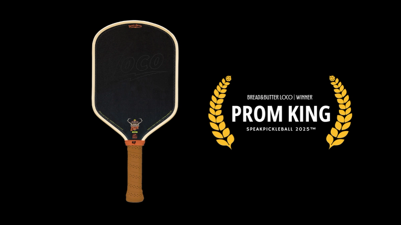 Bread and Butter Loco paddle with a gold frame and tan grip, beside a gold laurel badge reading Prom King.