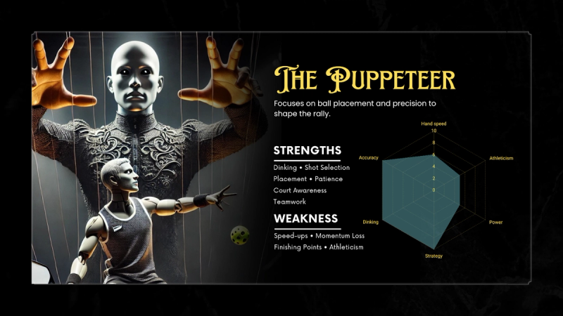 The Puppeteer archetype card: a marionette-like figure, strong on dinking and placement, weak on speedups, with a radar chart.