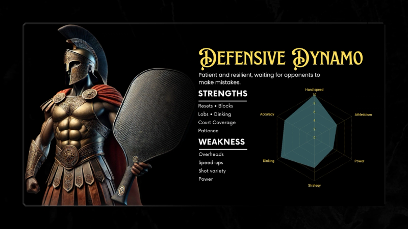Defensive Dynamo archetype card: a Spartan warrior with a shield-like paddle, strong on resets and lobs, weak on overheads.