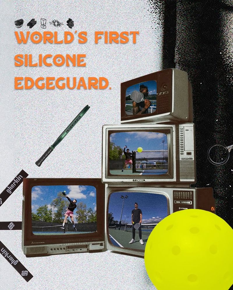 Gherkin promo collage of stacked retro televisions showing court footage, headed the first silicone edgeguard in the world.
