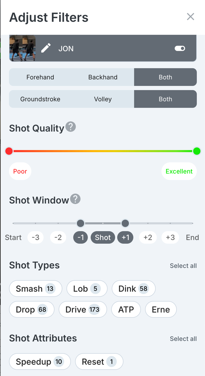 PBVision filter panel with shot quality and shot window sliders, and shot counts including 173 drives, 68 drops and 58 dinks.