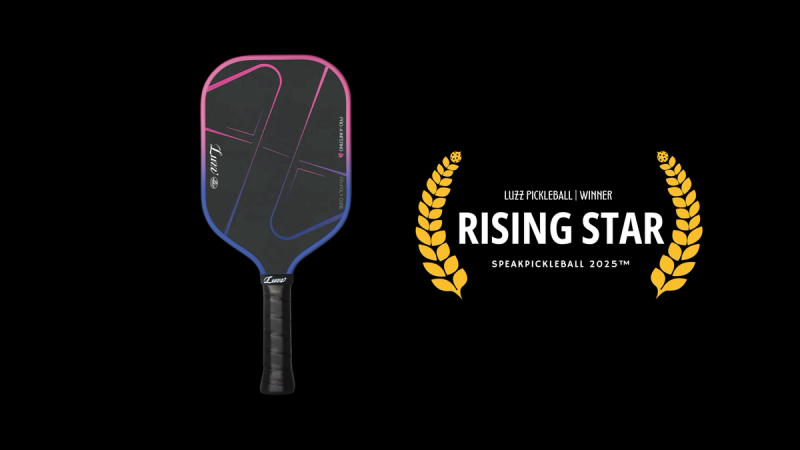 Luxe Pickleball paddle with pink and blue gradient edges beside a gold laurel badge reading Rising Star.