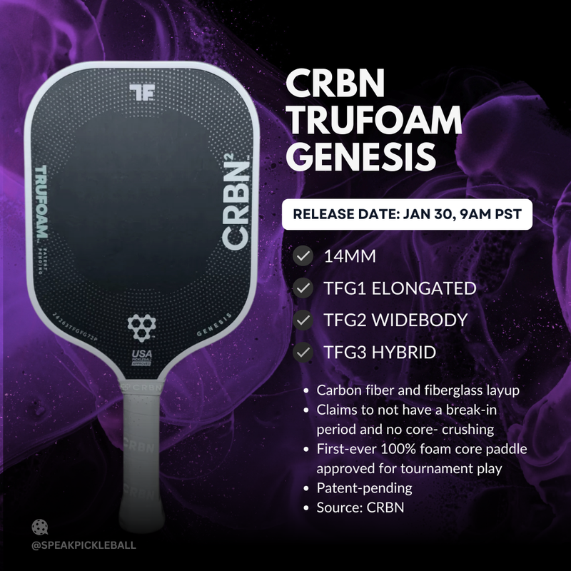 CRBN TruFoam Genesis release graphic listing 14mm thickness, three shapes, and a foam core approved for tournament play.