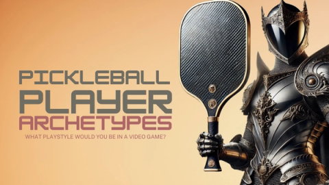 A suit of medieval armour holding a black carbon paddle, beside the words pickleball player archetypes.