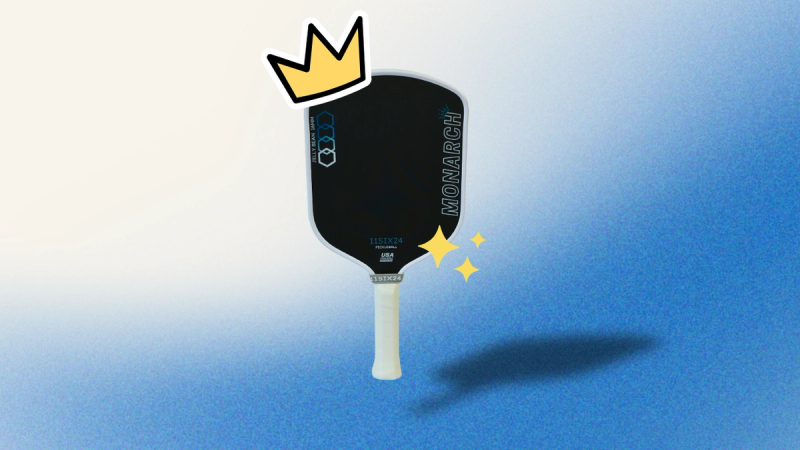 Illustration of an 11SIX24 paddle wearing a cartoon gold crown against a blue gradient, with sparkles beside it.
