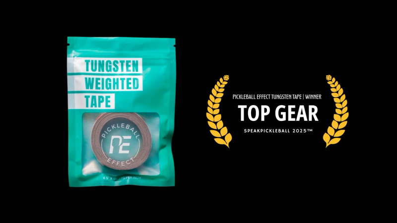 Teal pouch of Pickleball Effect tungsten weighted tape beside a gold laurel badge reading Top Gear.