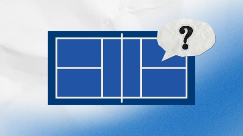 Illustration of a blue pickleball court diagram with a question-mark speech bubble beside it.