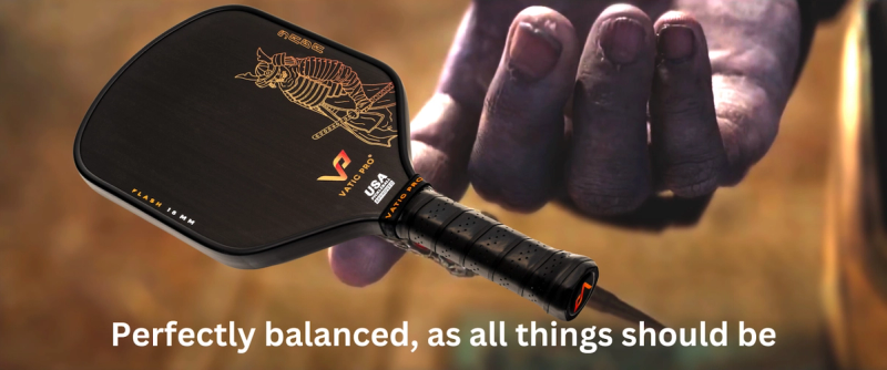 A hand holding a dark paddle with a gold skeleton graphic, captioned perfectly balanced, as all things should be.