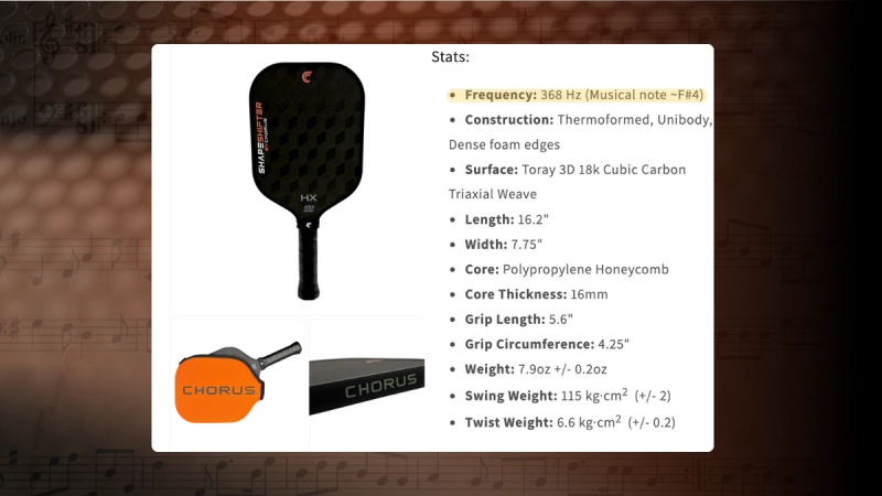 Chorus paddle spec sheet listing 368 Hz frequency, a Toray 3D 18k carbon surface, 16mm core and 7.9oz weight.