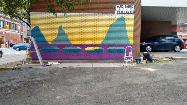 Large, colorful Chinese landscape mural by Maya Hum at Somerset & Bronson, Chinatown Ottawa.