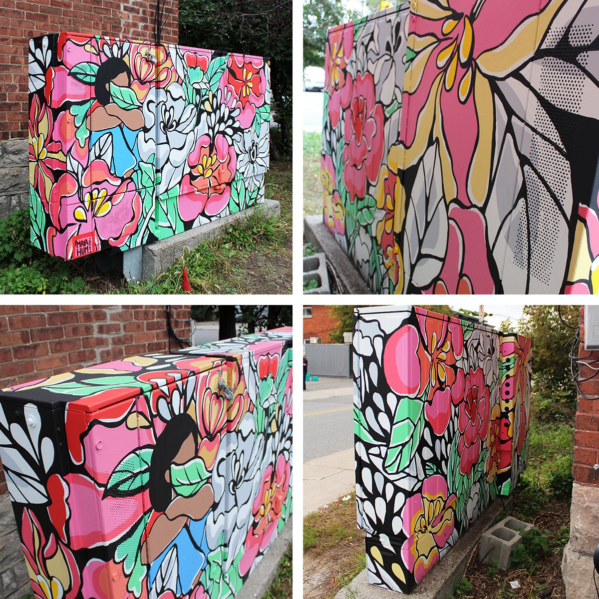 Racism is a Pandemic Too mural by Maya Hum, showing the portrait of a Black woman integrated into a colorful abstracted garden of blossoms, painted on a Bell Box at 96 Fairmont Avenue in Hintonburg, Ottawa.