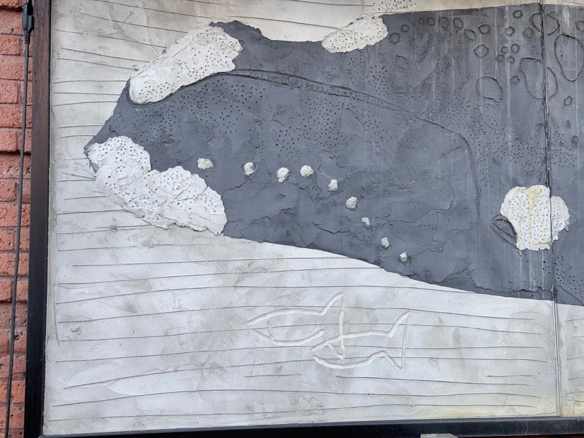 A textured grey mural depicts a whale with white callosities and two etched fish below, on Somerset Street West, Ottawa.