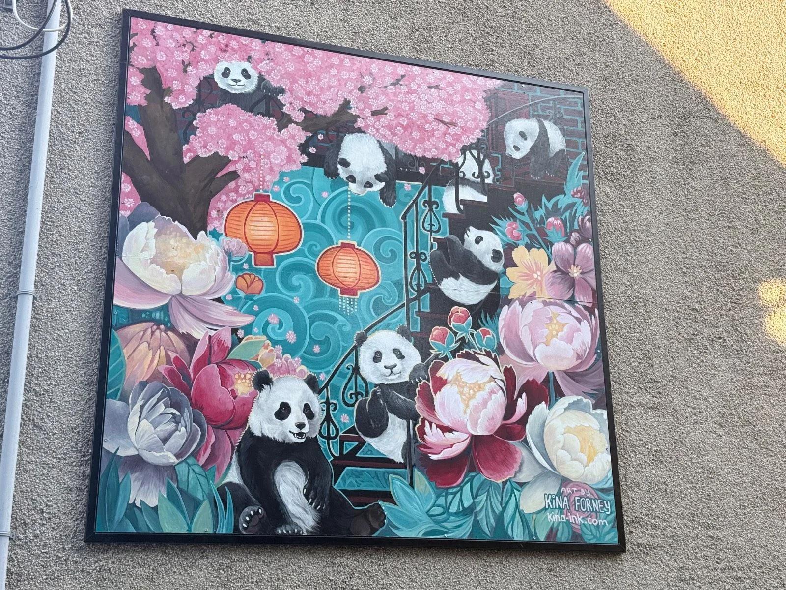 Kina Forney's vibrant mural depicts playful pandas, pink cherry blossoms, and colorful flowers on a wall at 114 Cambridge Street North, Chinatown, Ottawa.