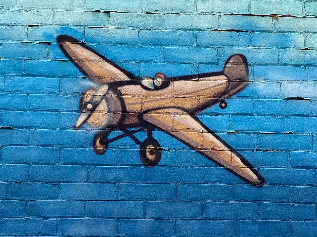 Detail of the mural 'Flying Over' by Dan Metcalfe, featuring a cartoon plane on a blue brick background