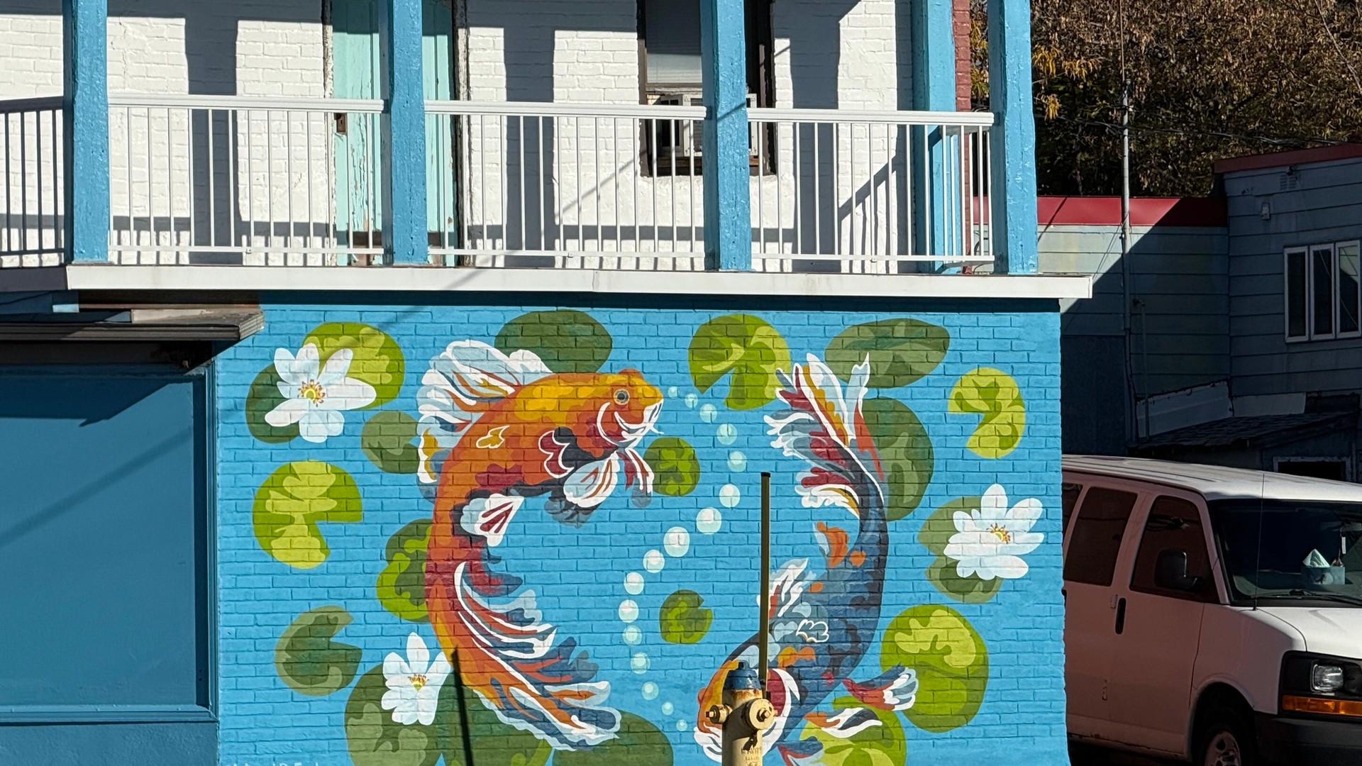 Large scale Yin and Yang Koi fish mural by Emilie Darlington at the corner of Booth and Somerset in Ottawa’s Chinatown. The urban art archive entry shows two mirroring fish against a vibrant blue brick background, funded by the Ottawa Chinatown BIA in 2025.